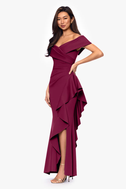 XSCAPE Petite "Pearl" Techno Scuba Off the Shoulder Ruffle Dress