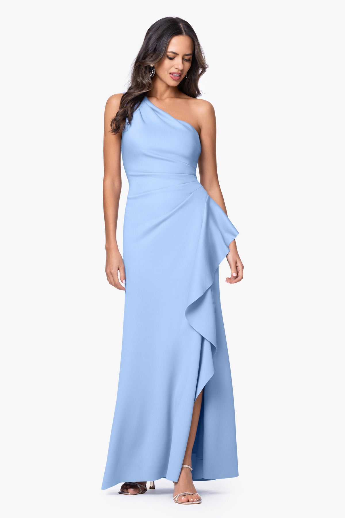 XSCAPE Petite "Flo" Techno Scuba One Shoulder Ruffle Dress