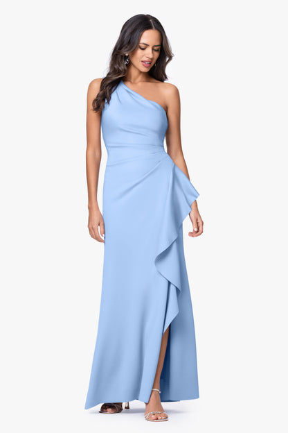 XSCAPE Petite "Flo" Techno Scuba One Shoulder Ruffle Dress