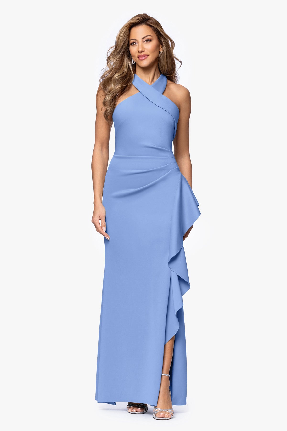 XSCAPE Petite "Gigi" Techno Scuba Cross Neck Dress