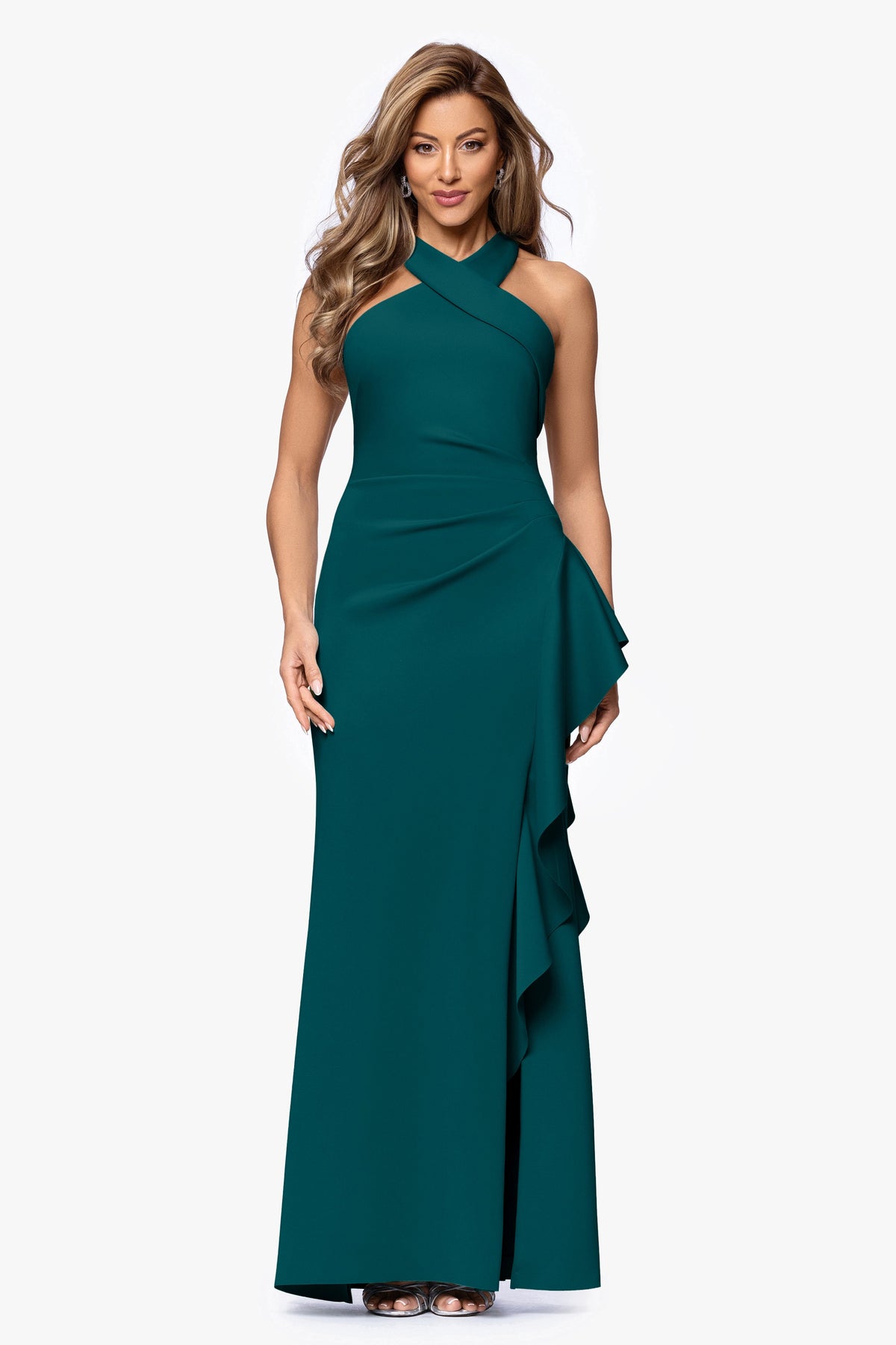 XSCAPE Petite "Gigi" Techno Scuba Cross Neck Dress