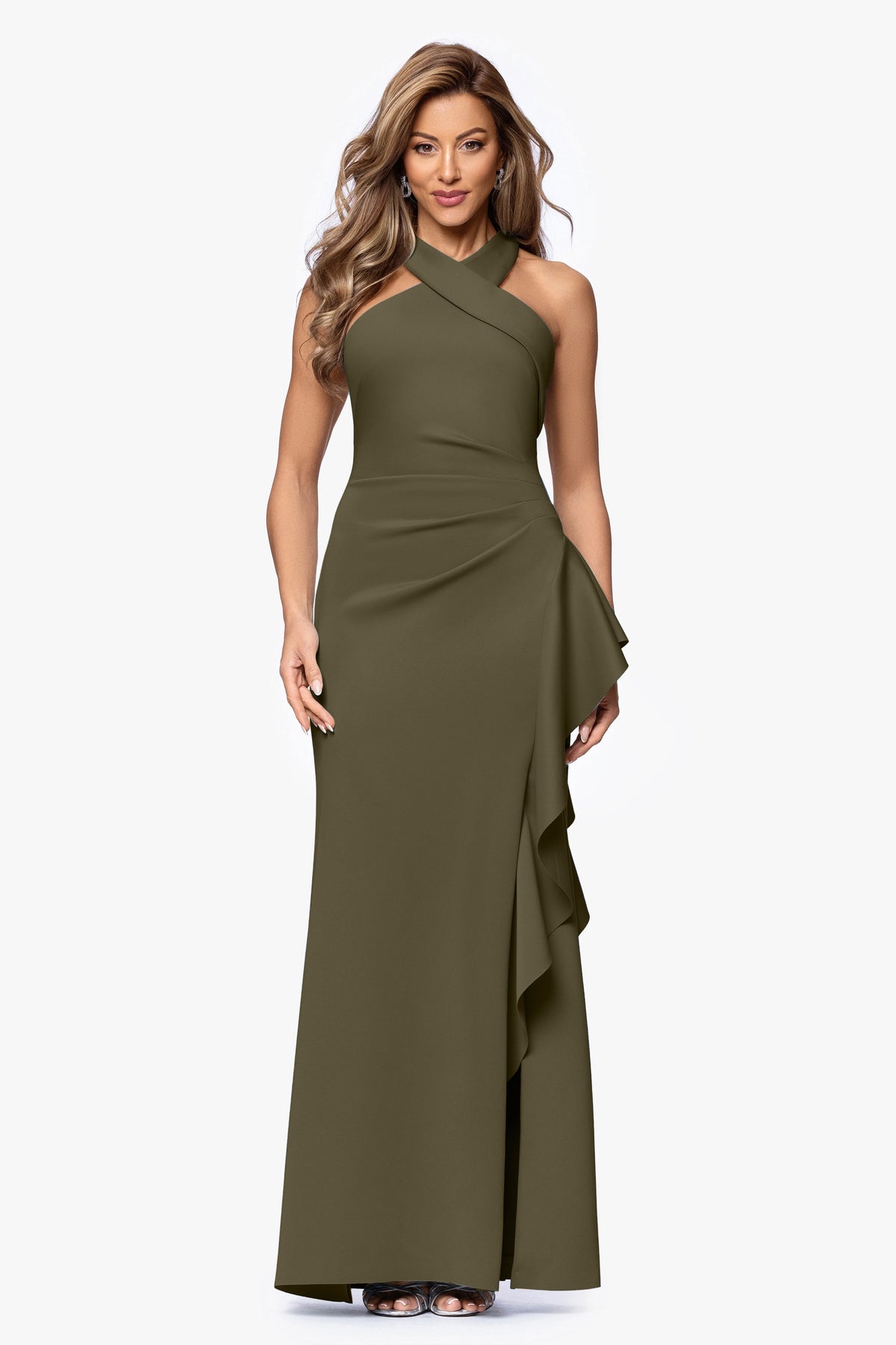 XSCAPE Petite "Gigi" Techno Scuba Cross Neck Dress