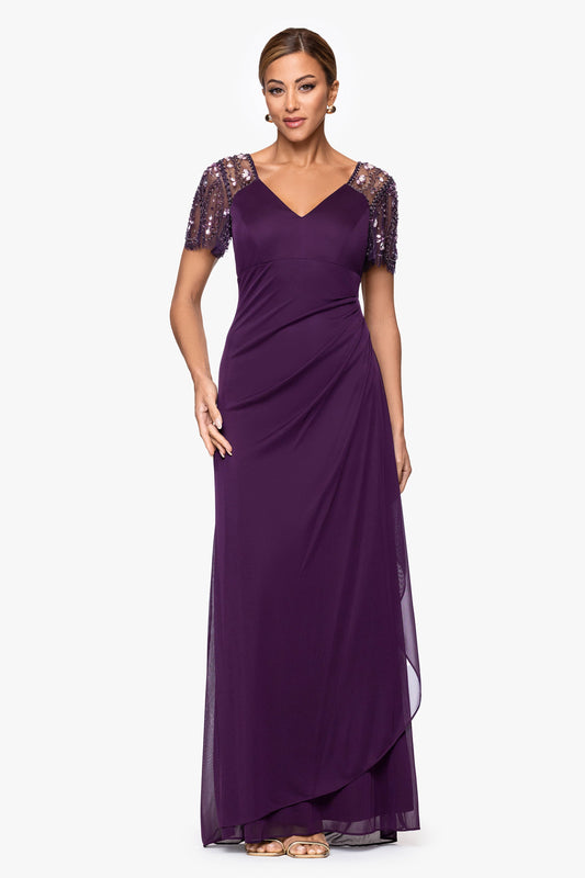 XSCAPE "Lana" Sheer Matte Jersey Beaded Flutter Sleeve Dress
