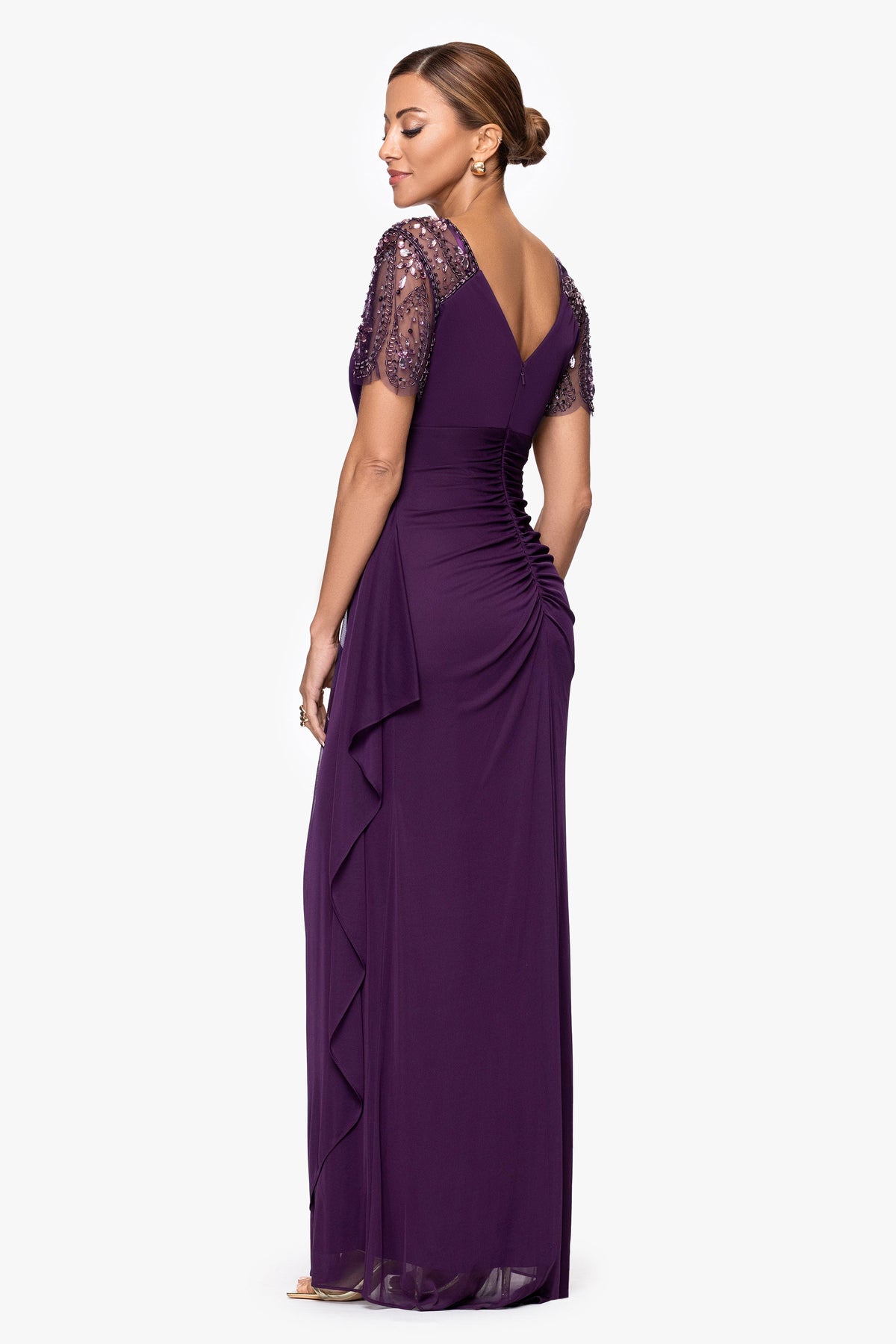 XSCAPE "Lana" Sheer Matte Jersey Beaded Flutter Sleeve Dress