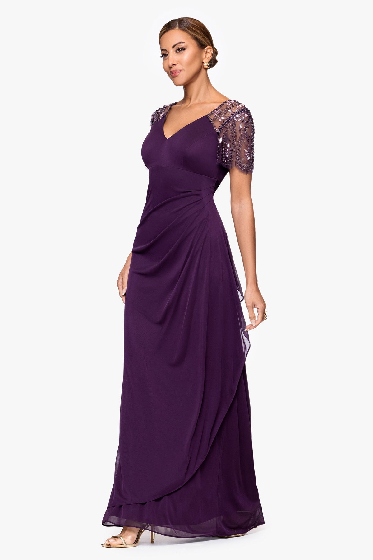 XSCAPE "Lana" Sheer Matte Jersey Beaded Flutter Sleeve Dress