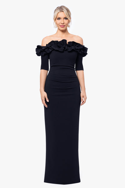 XSCAPE Petite "Isla" Scuba Crepe Off The Shoulder Ruffle Dress