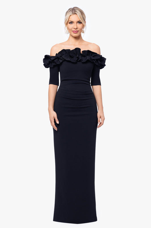 XSCAPE Petite "Isla" Scuba Crepe Off The Shoulder Ruffle Dress