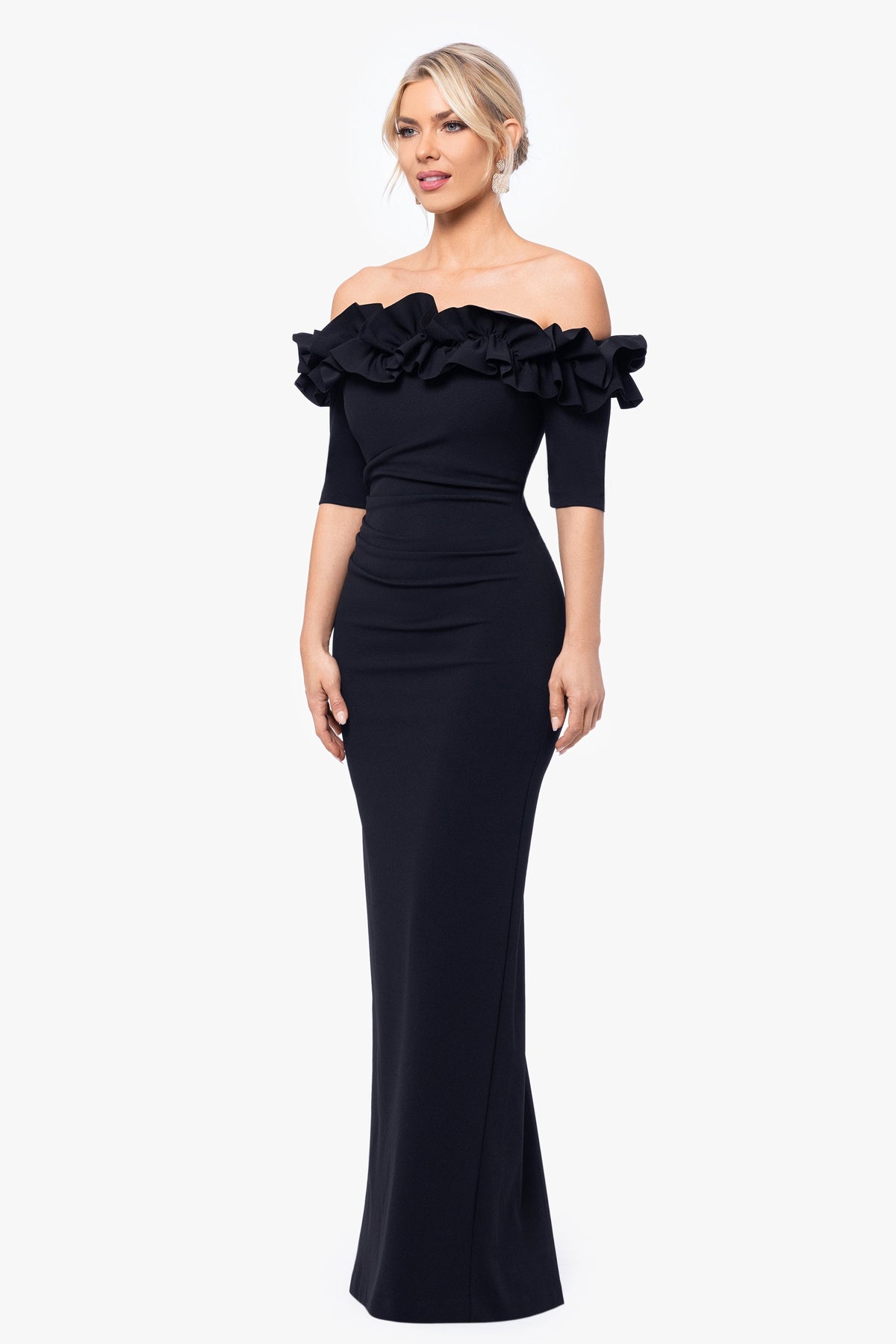 XSCAPE Petite "Isla" Scuba Crepe Off The Shoulder Ruffle Dress