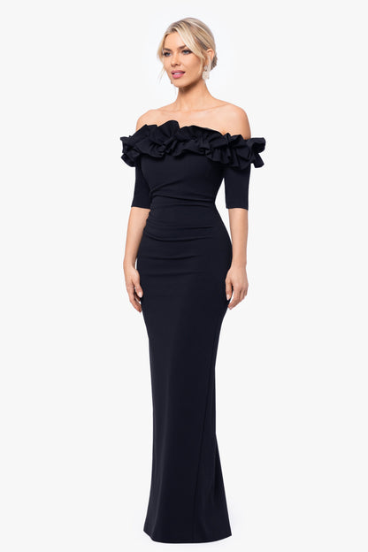 XSCAPE Petite "Isla" Scuba Crepe Off The Shoulder Ruffle Dress