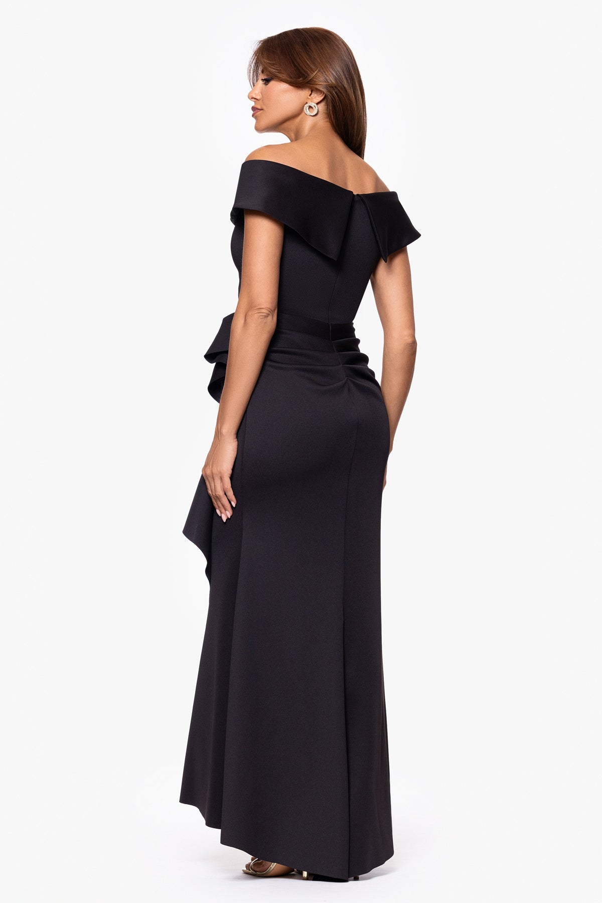 XSCAPE Petite "Patti" Techno Scuba Off The Shoulder Dress