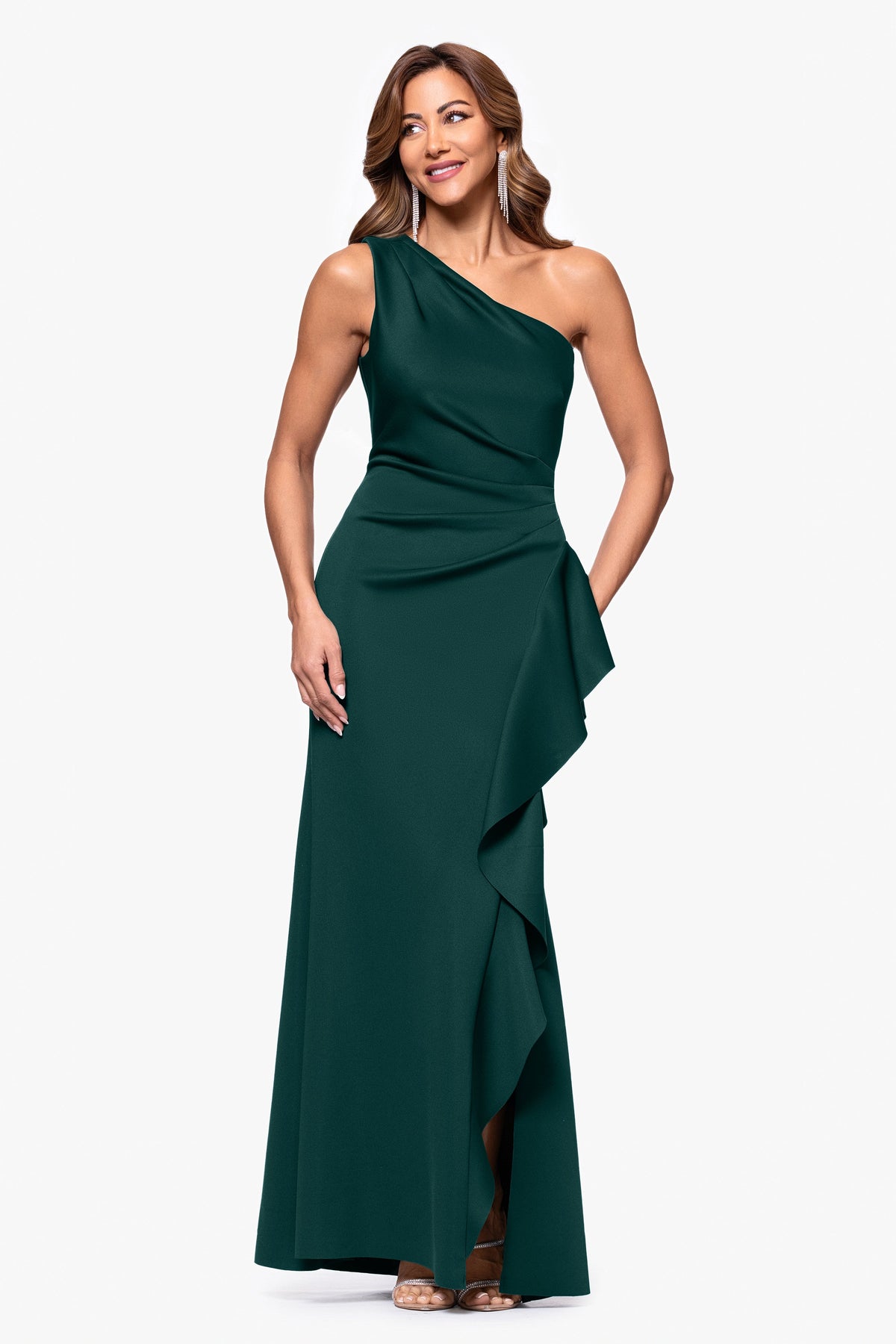 XSCAPE "Flo" Techno Scuba One Shoulder Ruffle Dress