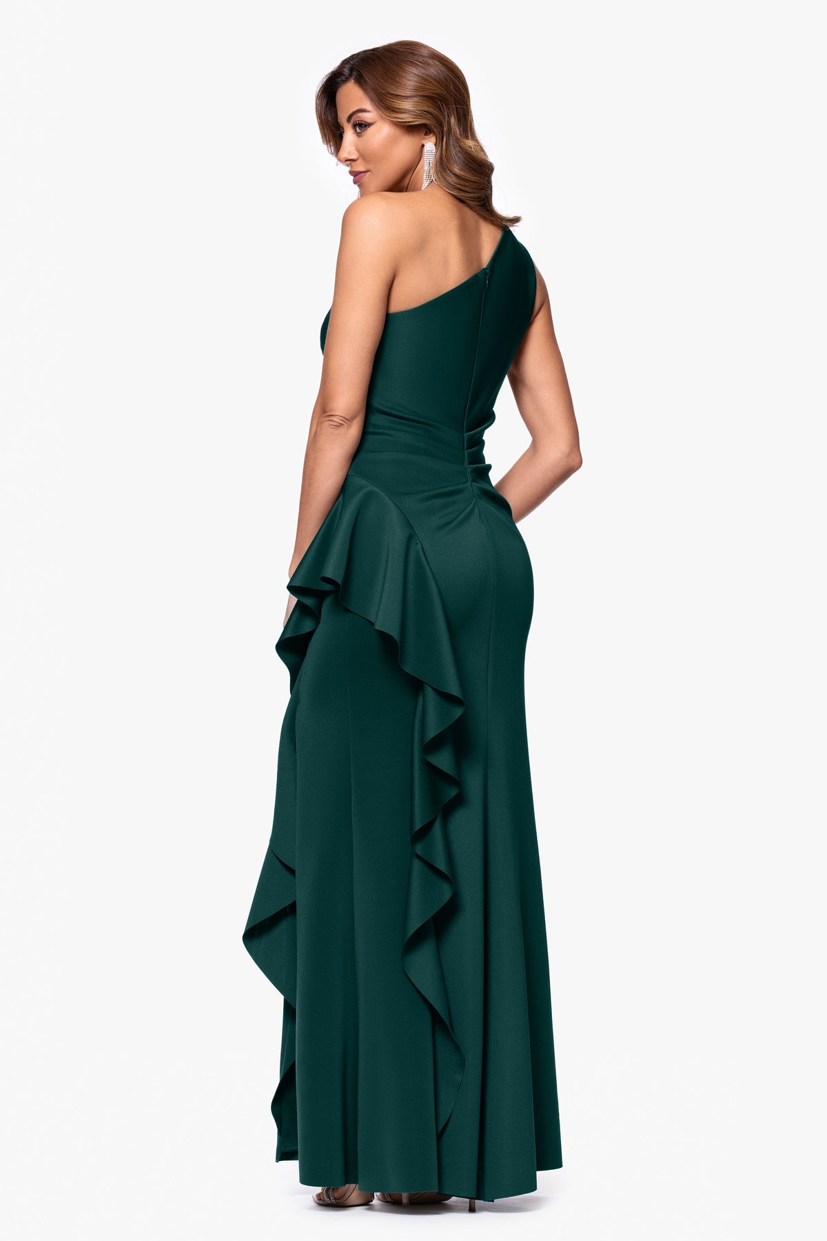 XSCAPE "Flo" Techno Scuba One Shoulder Ruffle Dress