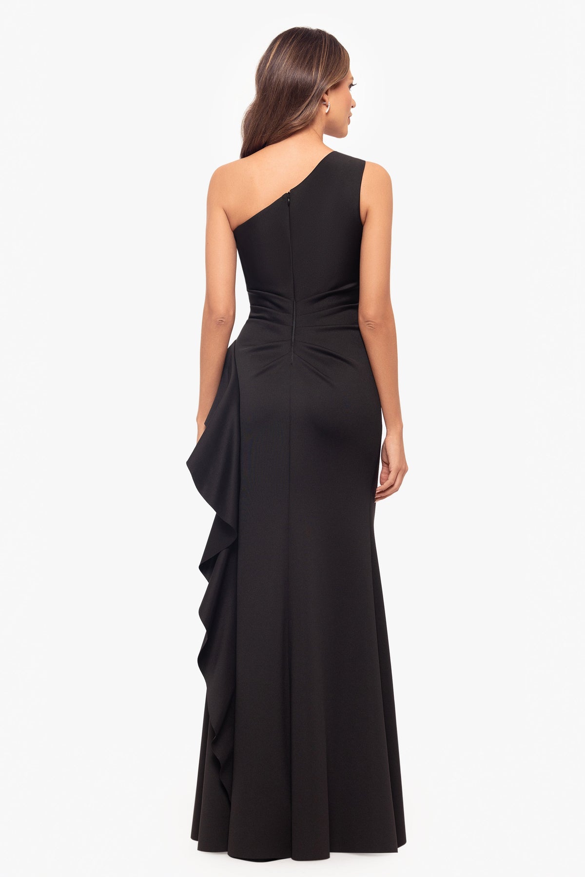 XSCAPE Petite "Flo" Long Techno Scuba One Shoulder Ruffle Dress