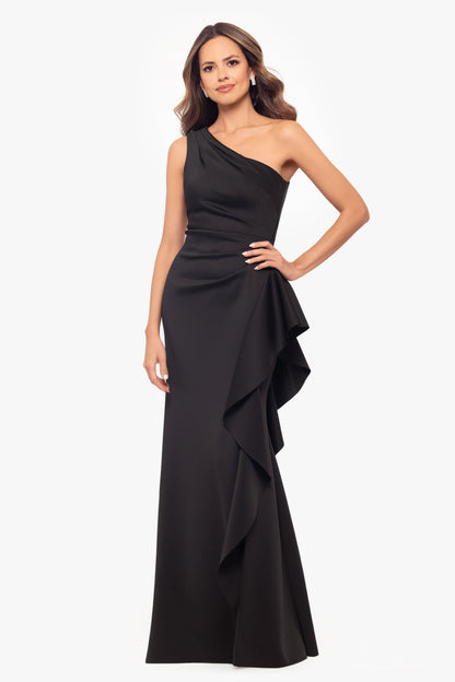XSCAPE Petite "Flo" Long Techno Scuba One Shoulder Ruffle Dress