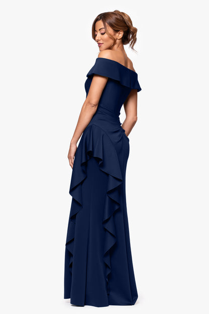 XSCAPE "Dolly" Techno Scuba Off the Shoulder Ruffle Dress