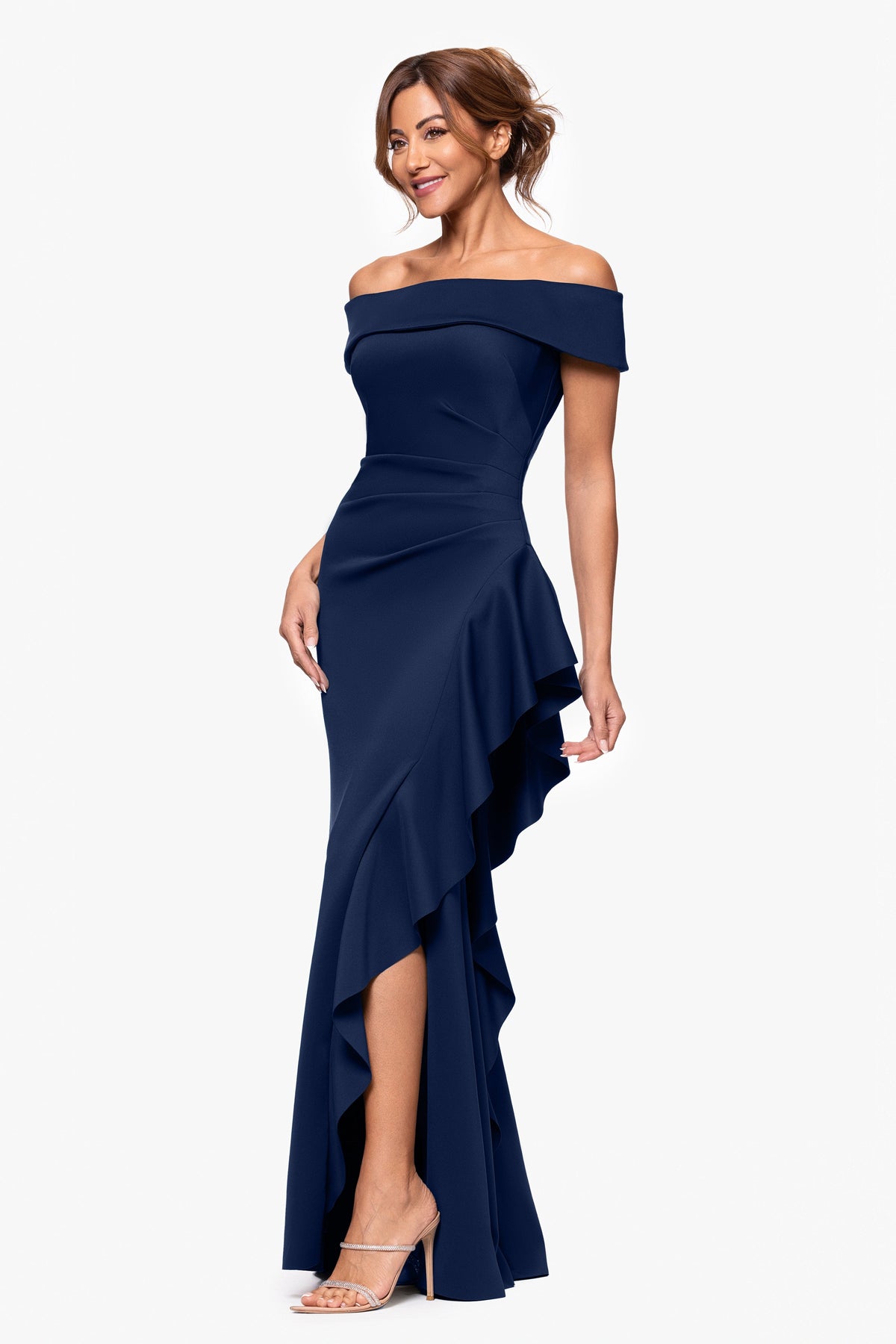 XSCAPE "Dolly" Techno Scuba Off the Shoulder Ruffle Dress