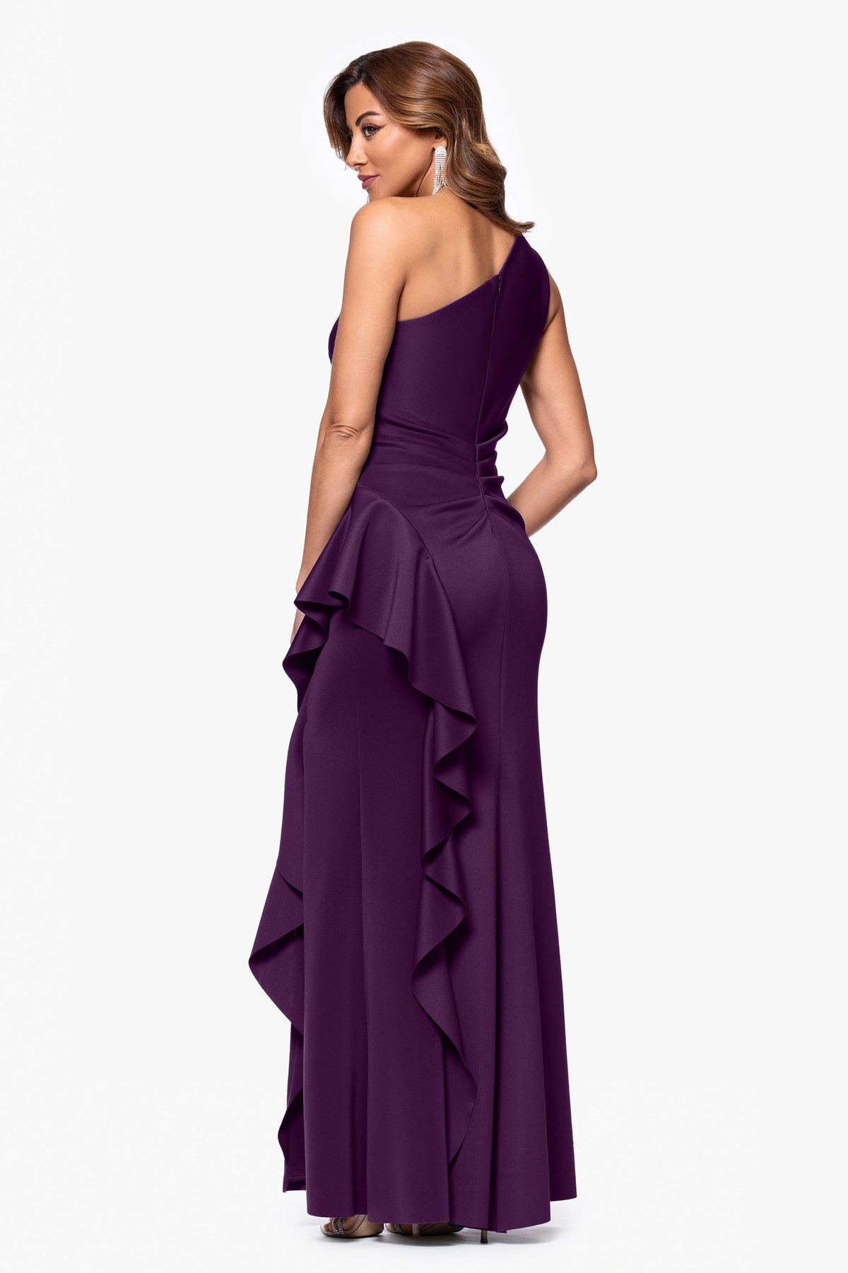 XSCAPE "Flo" Long Techno Scuba One Shoulder Ruffle Dress