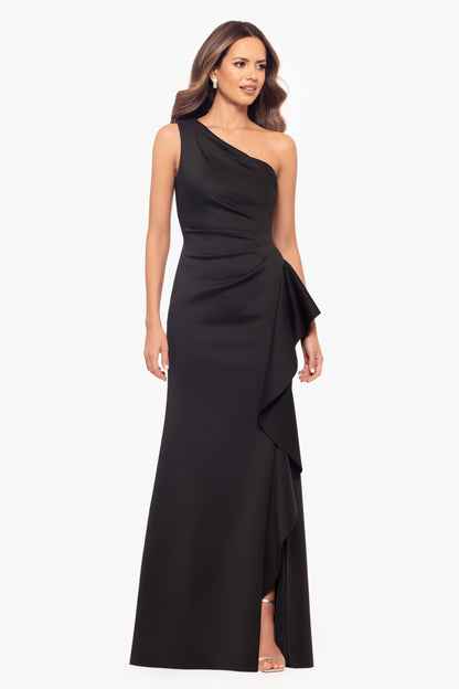 XSCAPE "Flo" Long Techno Scuba One Shoulder Ruffle Dress
