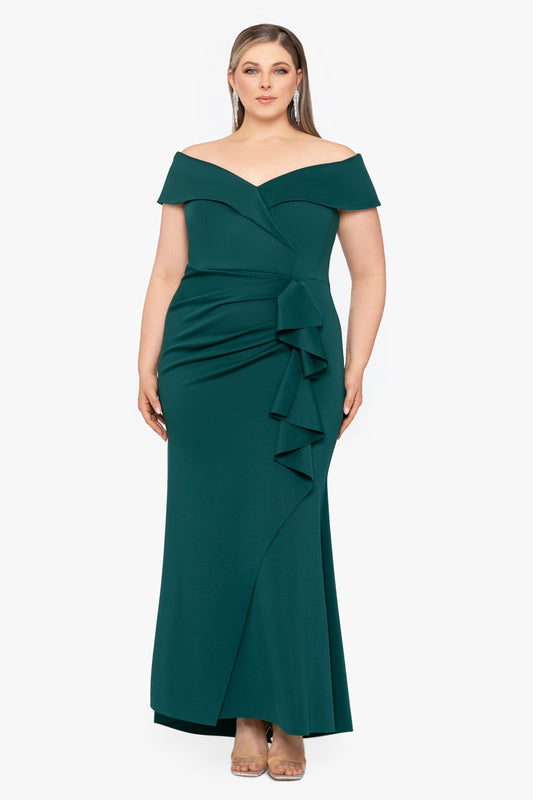 XSCAPE Plus "Patti" Techno Scuba Off The Shoulder Dress