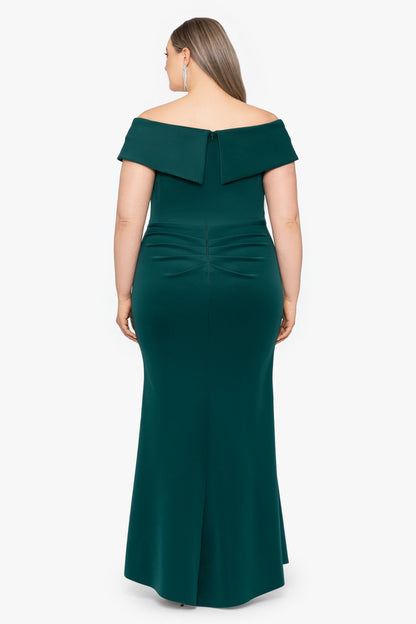 XSCAPE Plus "Patti" Techno Scuba Off The Shoulder Dress