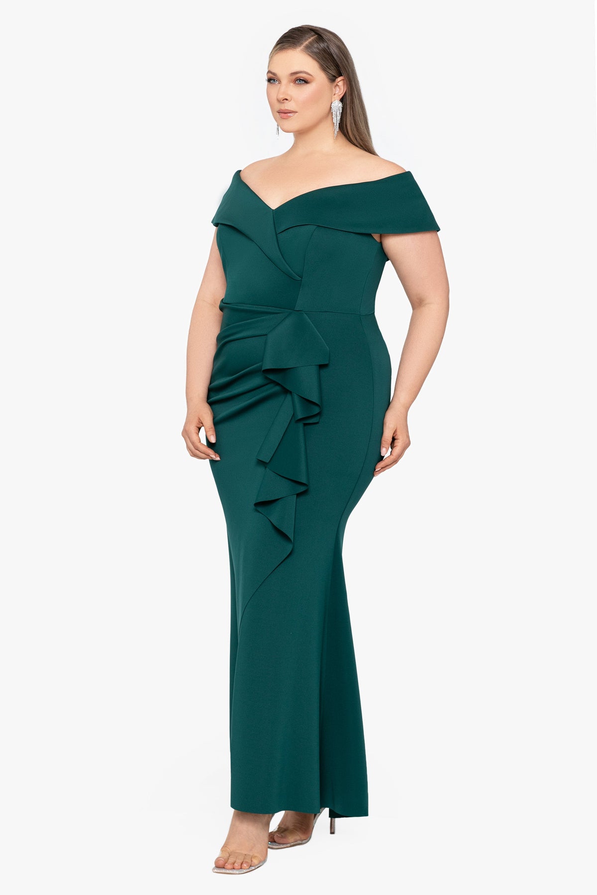 XSCAPE Plus "Patti" Techno Scuba Off The Shoulder Dress