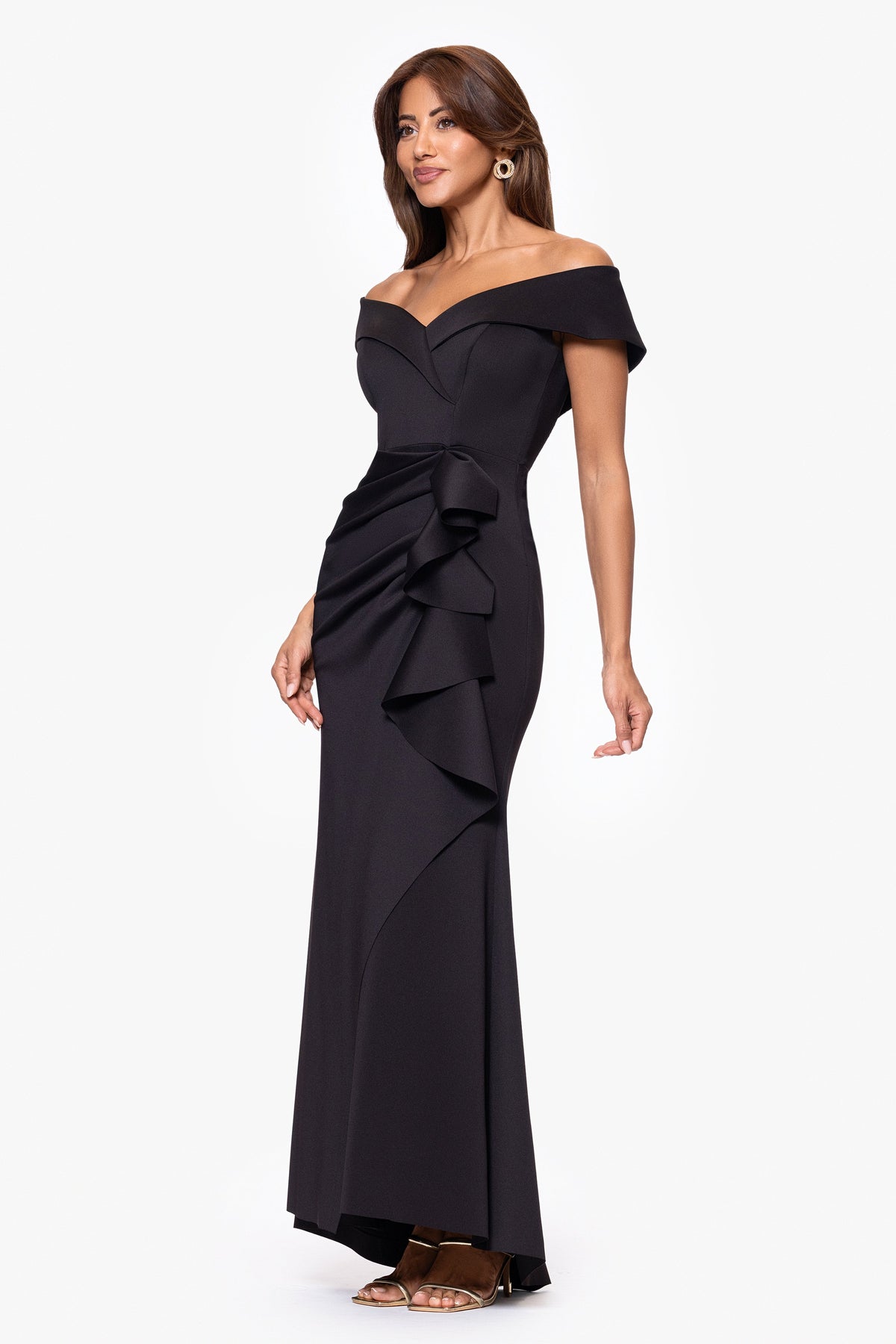 XSCAPE "Patti" Techno Scuba Off The Shoulder Dress