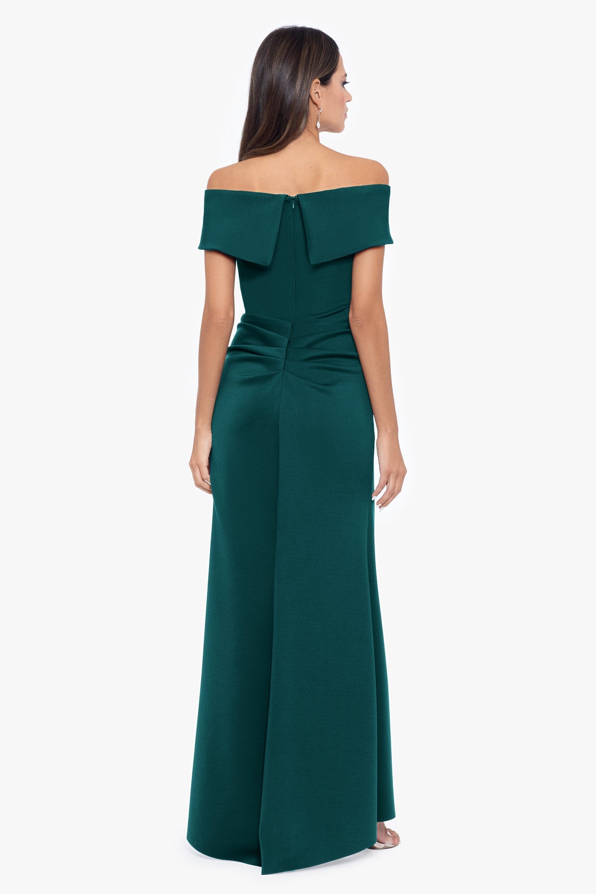 XSCAPE "Patti" Techno Scuba Off The Shoulder Dress