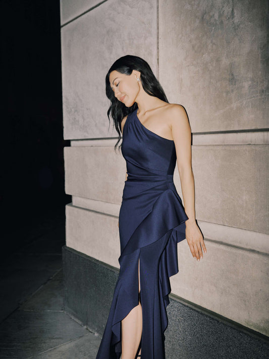 XSCAPE "Flo" Long Techno Scuba One Shoulder Ruffle Dress