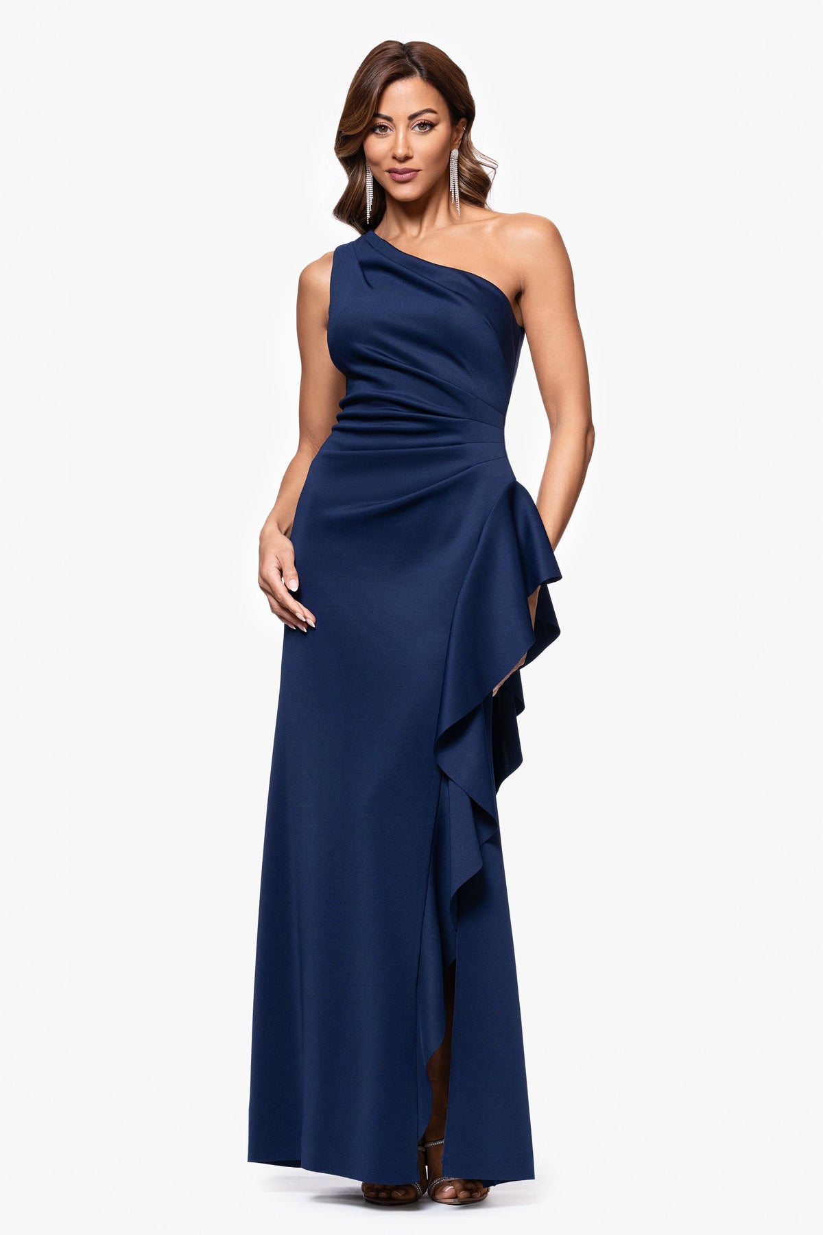 XSCAPE "Flo" Long Techno Scuba One Shoulder Ruffle Dress