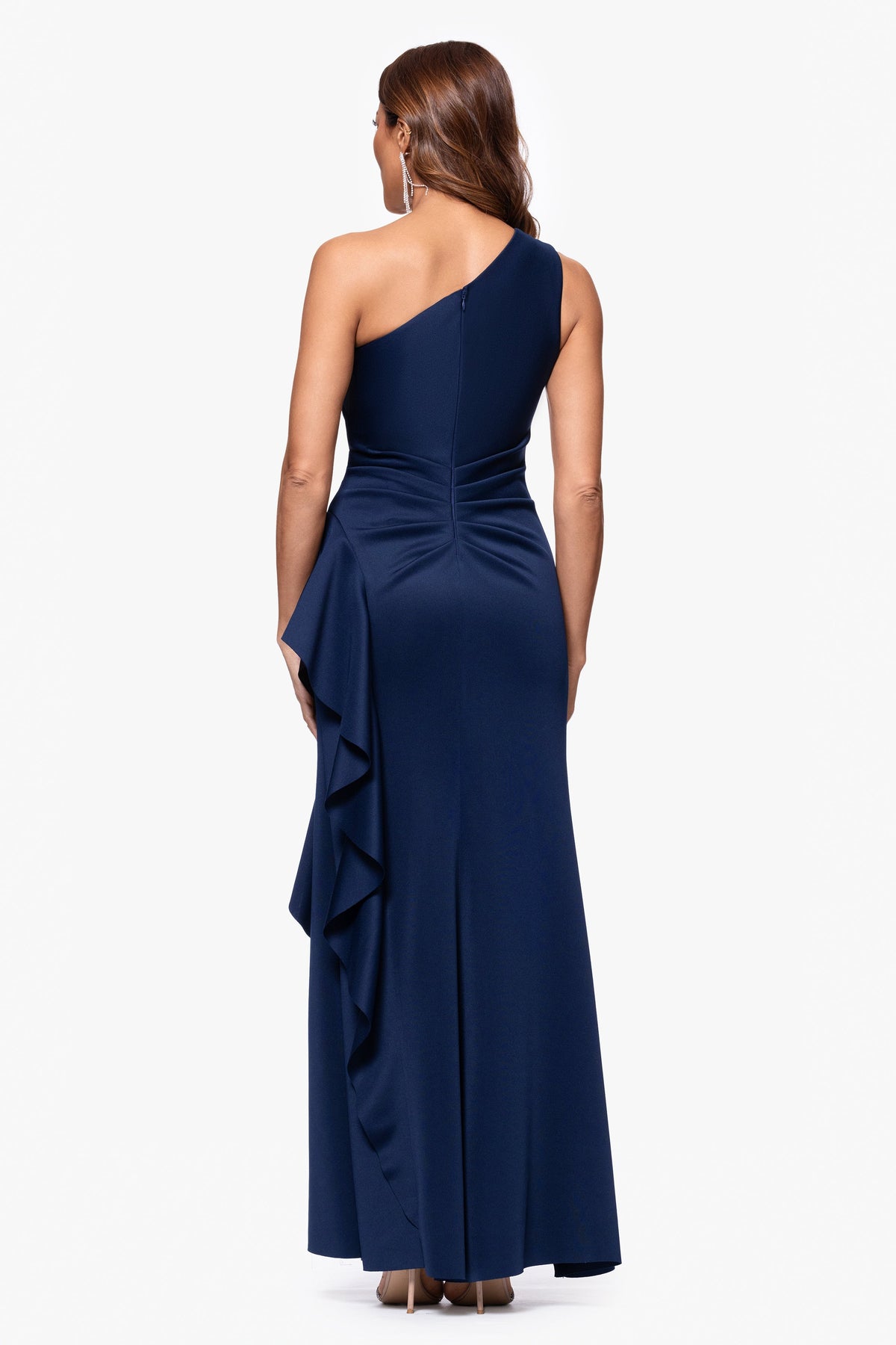 XSCAPE "Flo" Long Techno Scuba One Shoulder Ruffle Dress