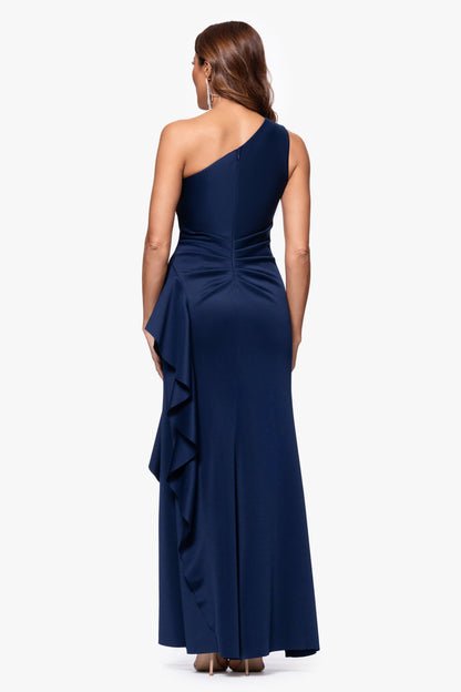 XSCAPE "Flo" Long Techno Scuba One Shoulder Ruffle Dress