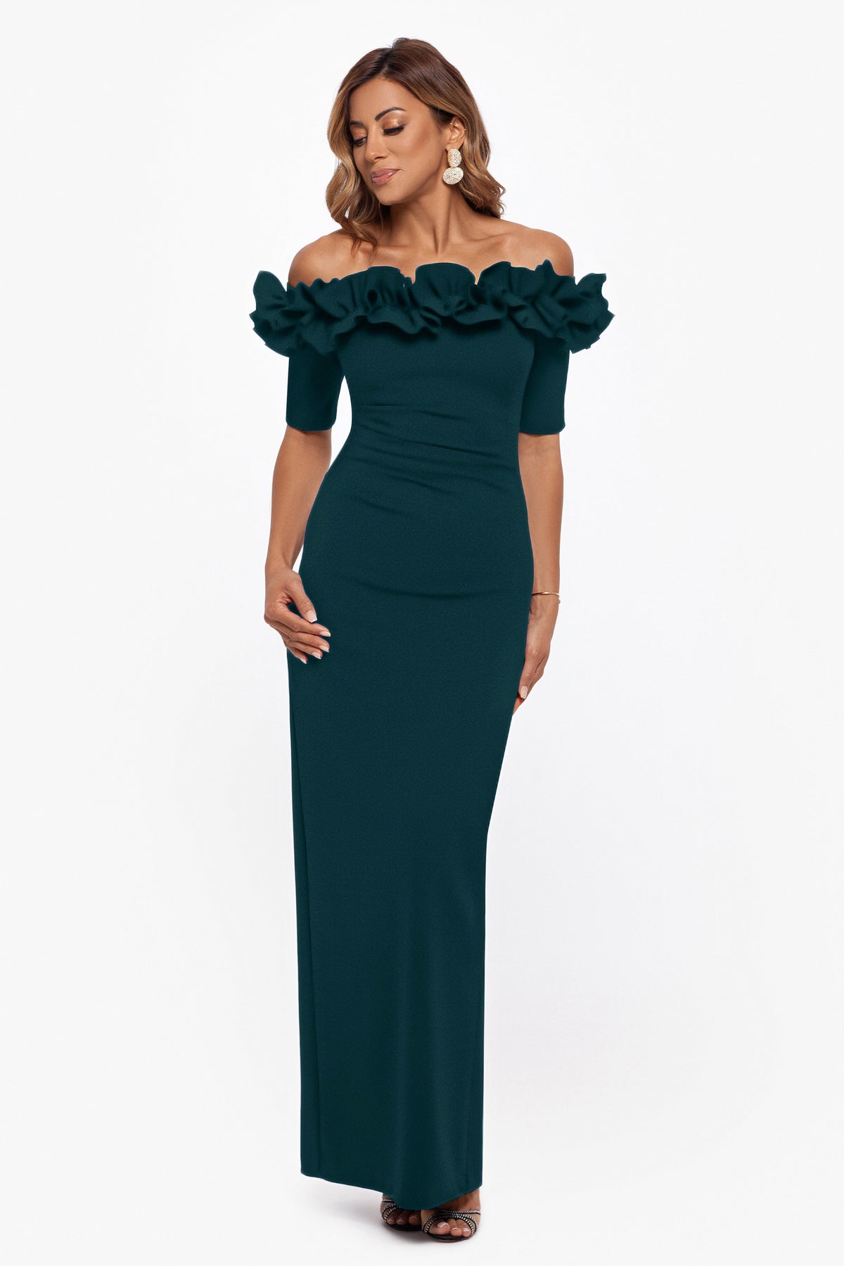 XSCAPE "Isla" Scuba Crepe Off The Shoulder Ruffle Dress