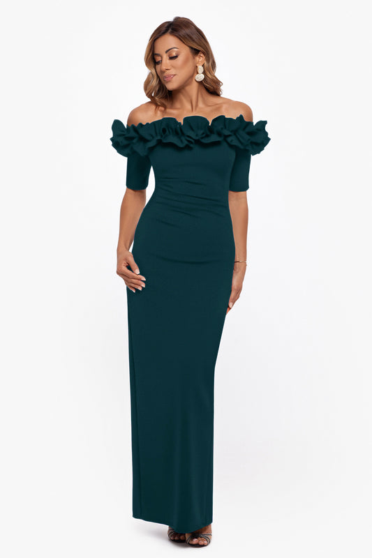 XSCAPE "Isla" Scuba Crepe Off The Shoulder Ruffle Dress