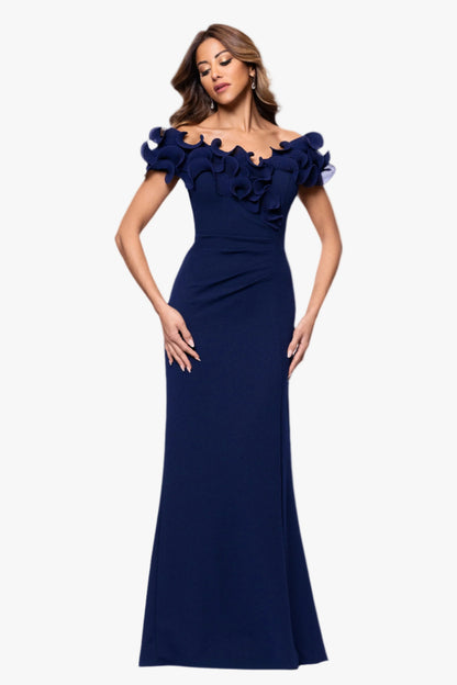 XSCAPE Petite "Anya" Scuba Crepe & Chiffon Ruffle Off the Shoulder Dress