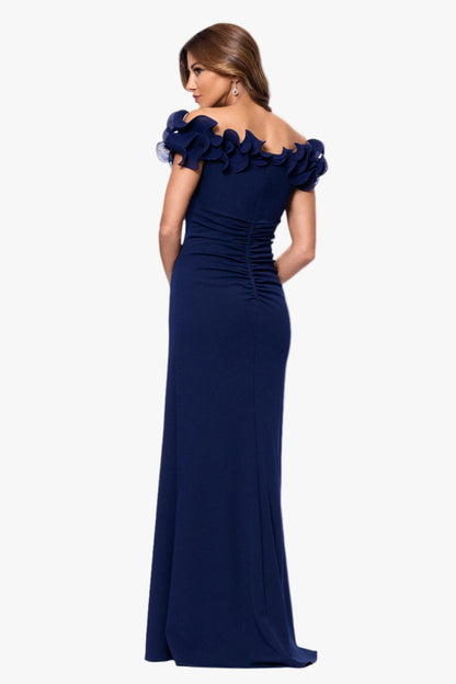 XSCAPE Petite "Anya" Scuba Crepe & Chiffon Ruffle Off the Shoulder Dress