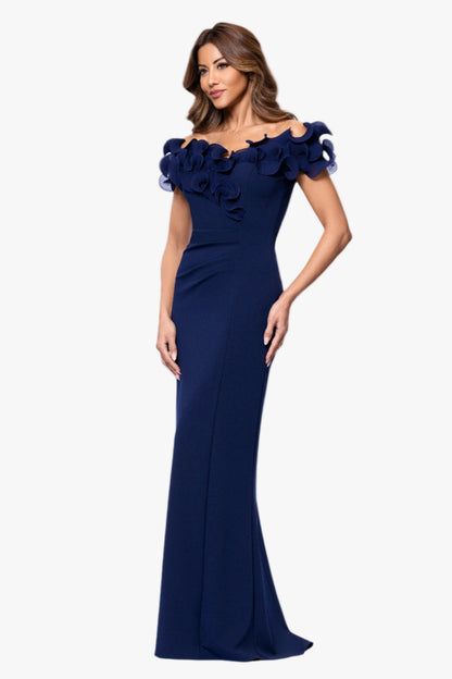 XSCAPE Petite "Anya" Scuba Crepe & Chiffon Ruffle Off the Shoulder Dress