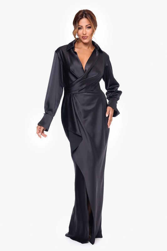 XSCAPE "Emery" Satin Long Sleeve Collared Dress