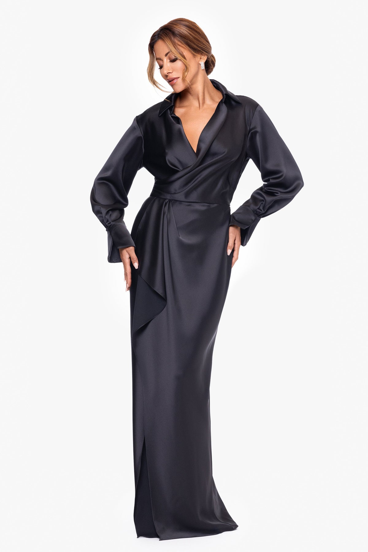 XSCAPE "Emery" Satin Long Sleeve Collared Dress