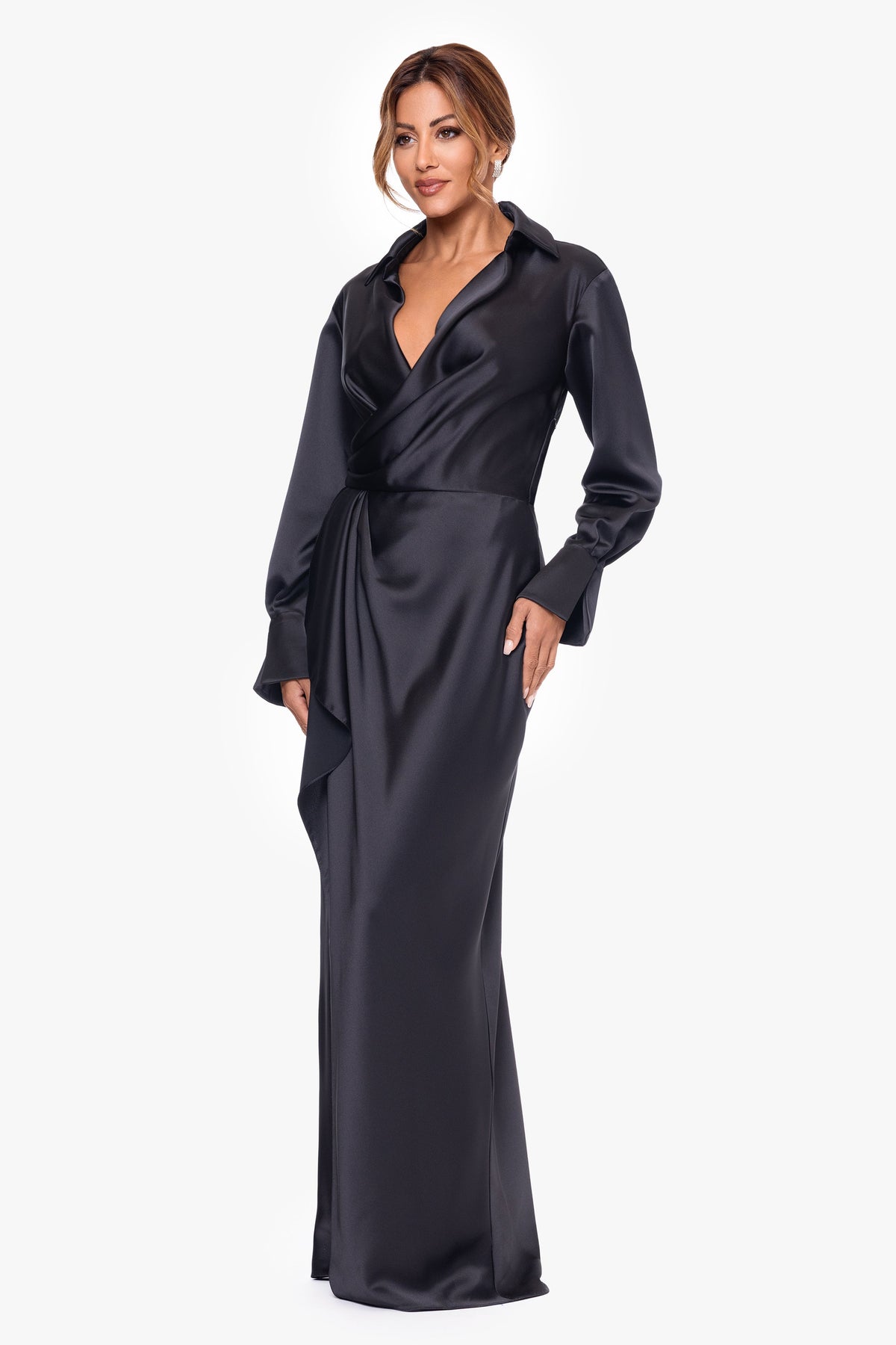 XSCAPE "Emery" Satin Long Sleeve Collared Dress