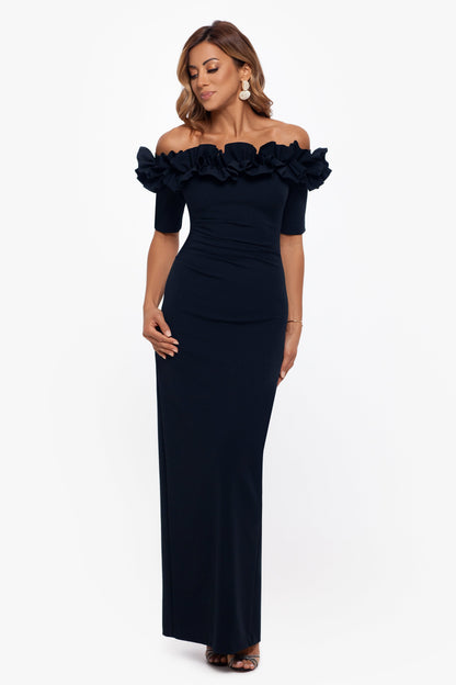 XSCAPE Petite "Isla" Scuba Crepe Off The Shoulder Ruffle Dress