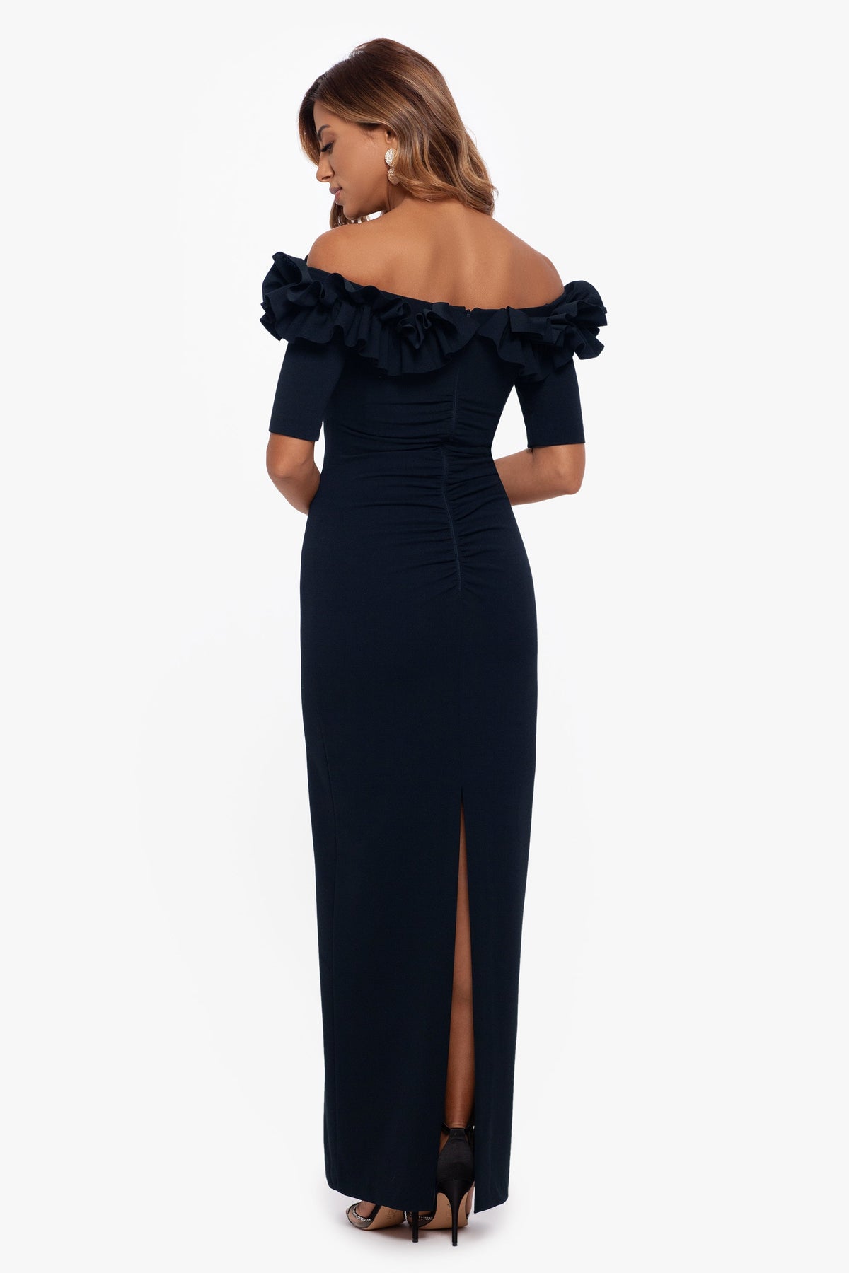 XSCAPE Petite "Isla" Scuba Crepe Off The Shoulder Ruffle Dress