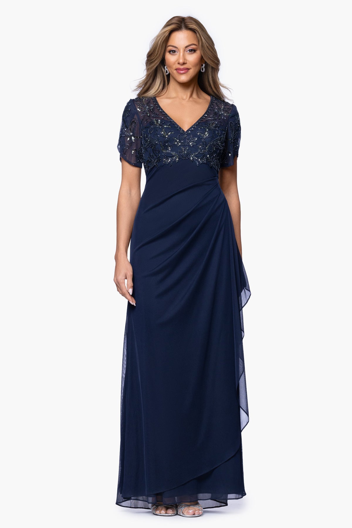 XSCAPE "Giselle" Sheer Matte Jersey Beaded V-Neck Dress
