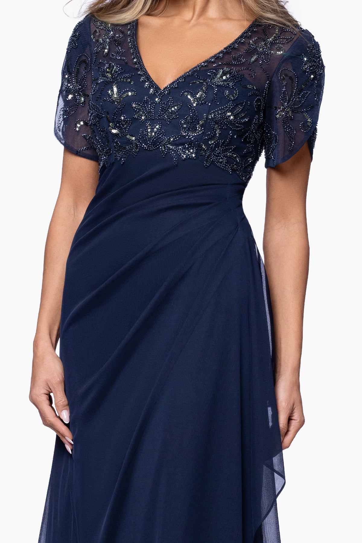 XSCAPE "Giselle" Sheer Matte Jersey Beaded V-Neck Dress
