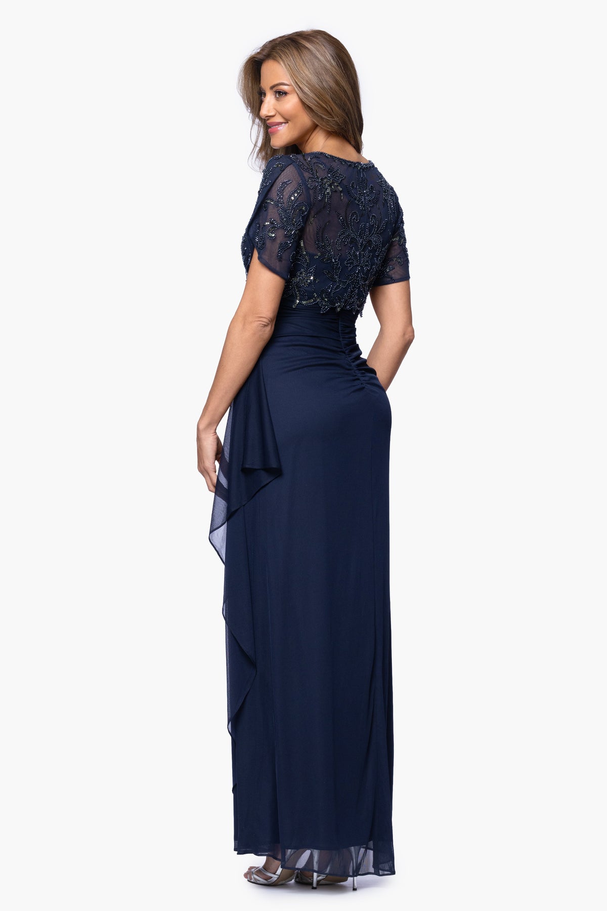 XSCAPE "Giselle" Sheer Matte Jersey Beaded V-Neck Dress