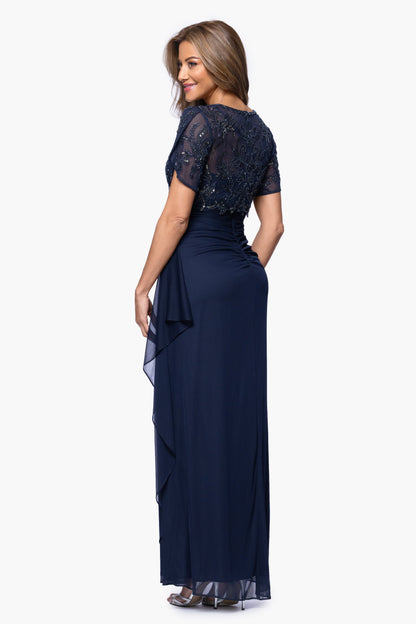 XSCAPE "Giselle" Sheer Matte Jersey Beaded V-Neck Dress