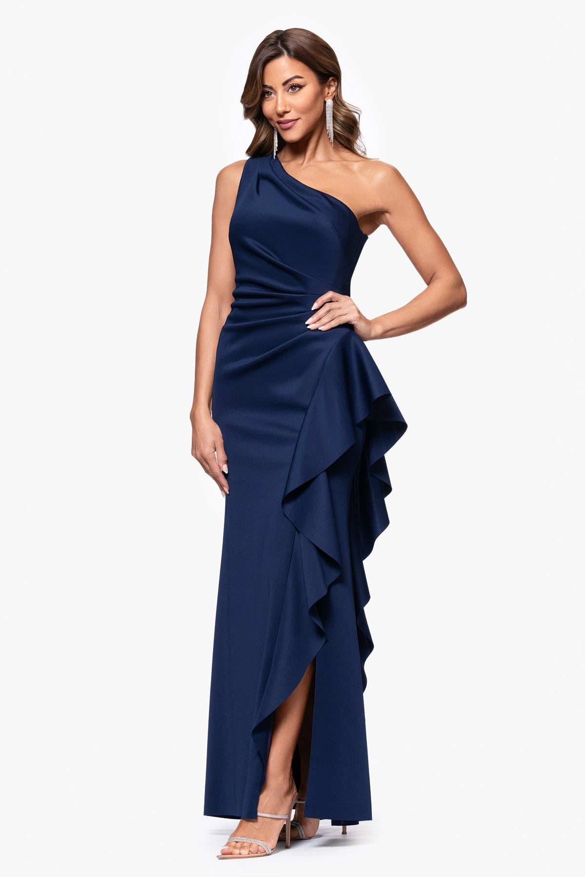 XSCAPE Petite "Flo" Long Techno Scuba One Shoulder Ruffle Dress