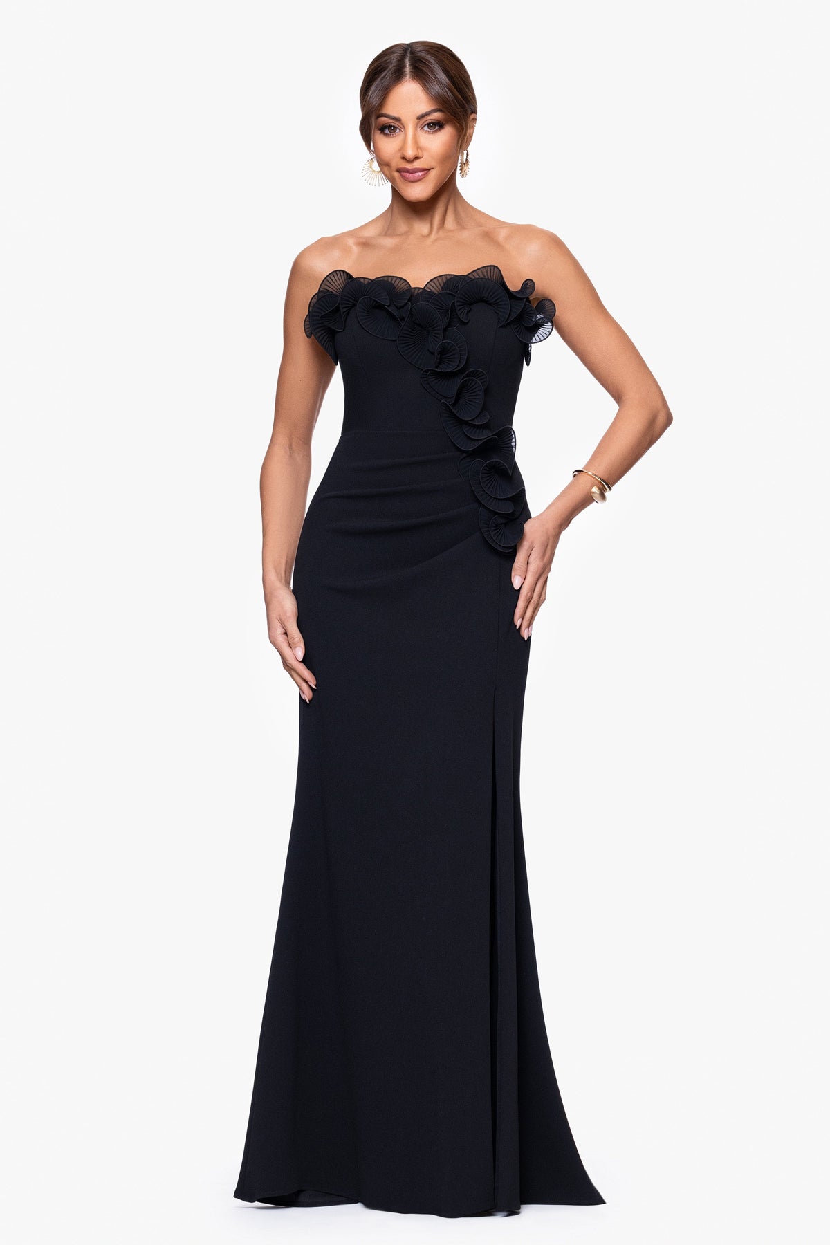 XSCAPE Petite "Kimberly" Scuba Crepe Chiffon Ruffle Strapless Dress