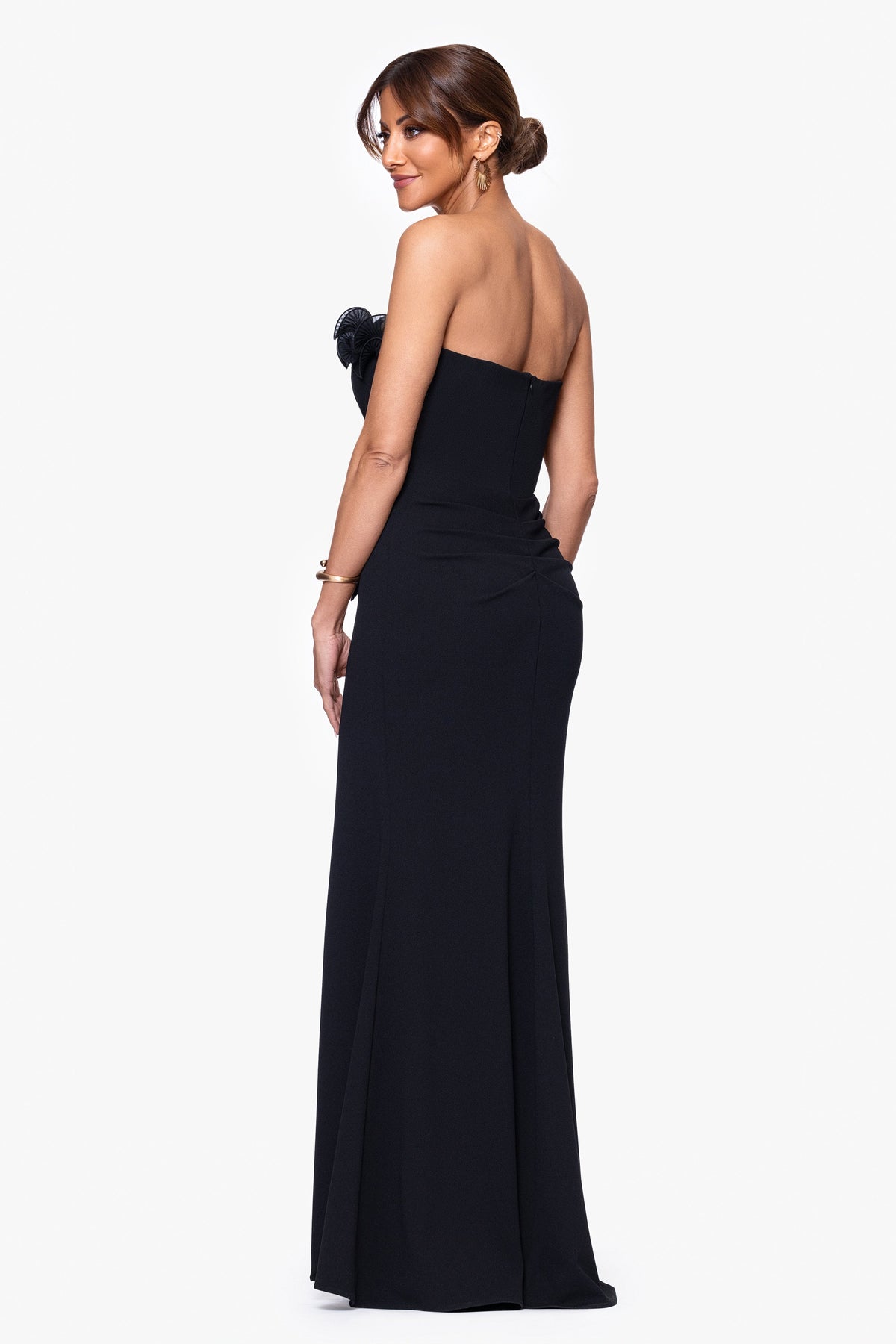 XSCAPE Petite "Kimberly" Scuba Crepe Chiffon Ruffle Strapless Dress