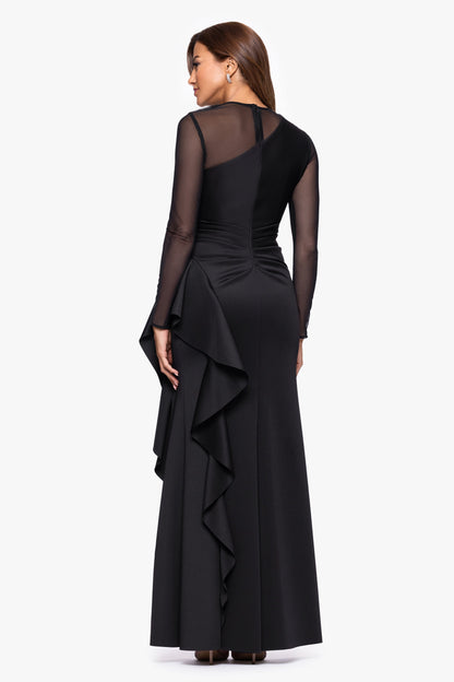 XSCAPE Petite "Lyra" Techno Scuba Mesh Long Sleeve Dress
