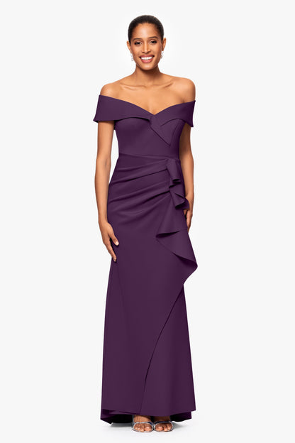 XSCAPE Petite "Patti" Techno Scuba Off The Shoulder Dress